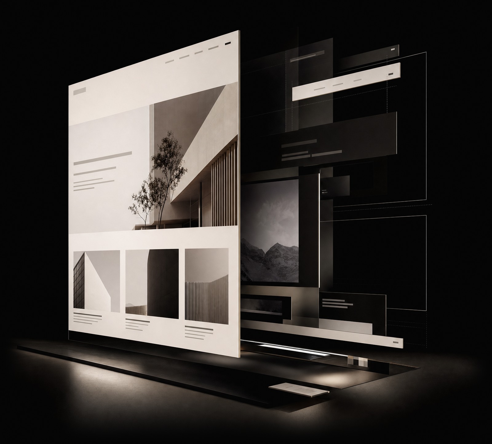 A website interface separated into its layers: surface, structure and content shown as stacked planes.